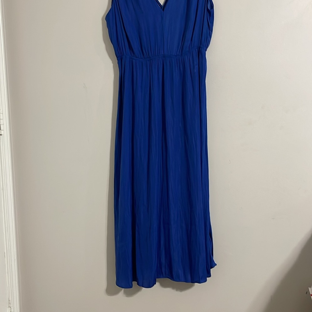monoprix women’s flowy deep v-neck  sleeveless blue midi dress medium - Picture 6 of 9